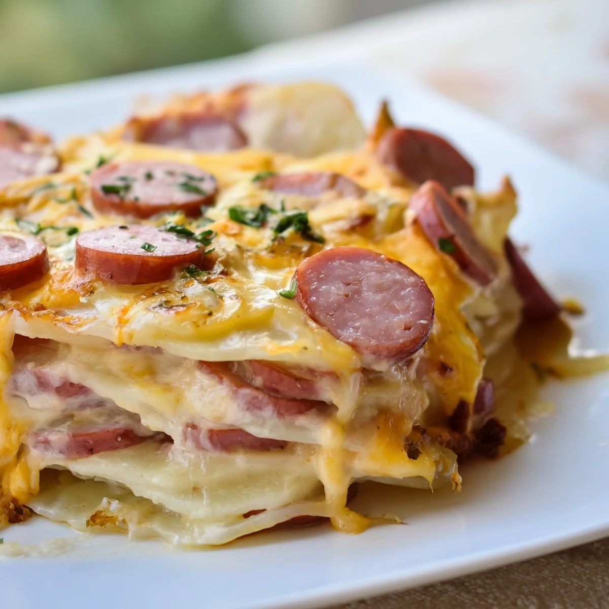 Slow cooker scalloped potatoes with kielbasa feature golden cheesy layers and tender sliced potatoes