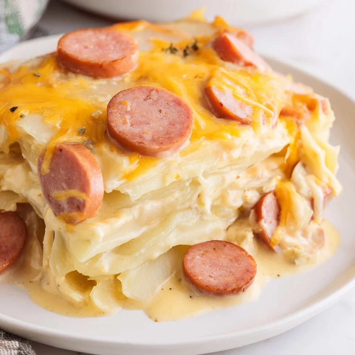 Hearty slow cooker scalloped potatoes kielbasa bubbling with melted cheddar and smoky sausage slices