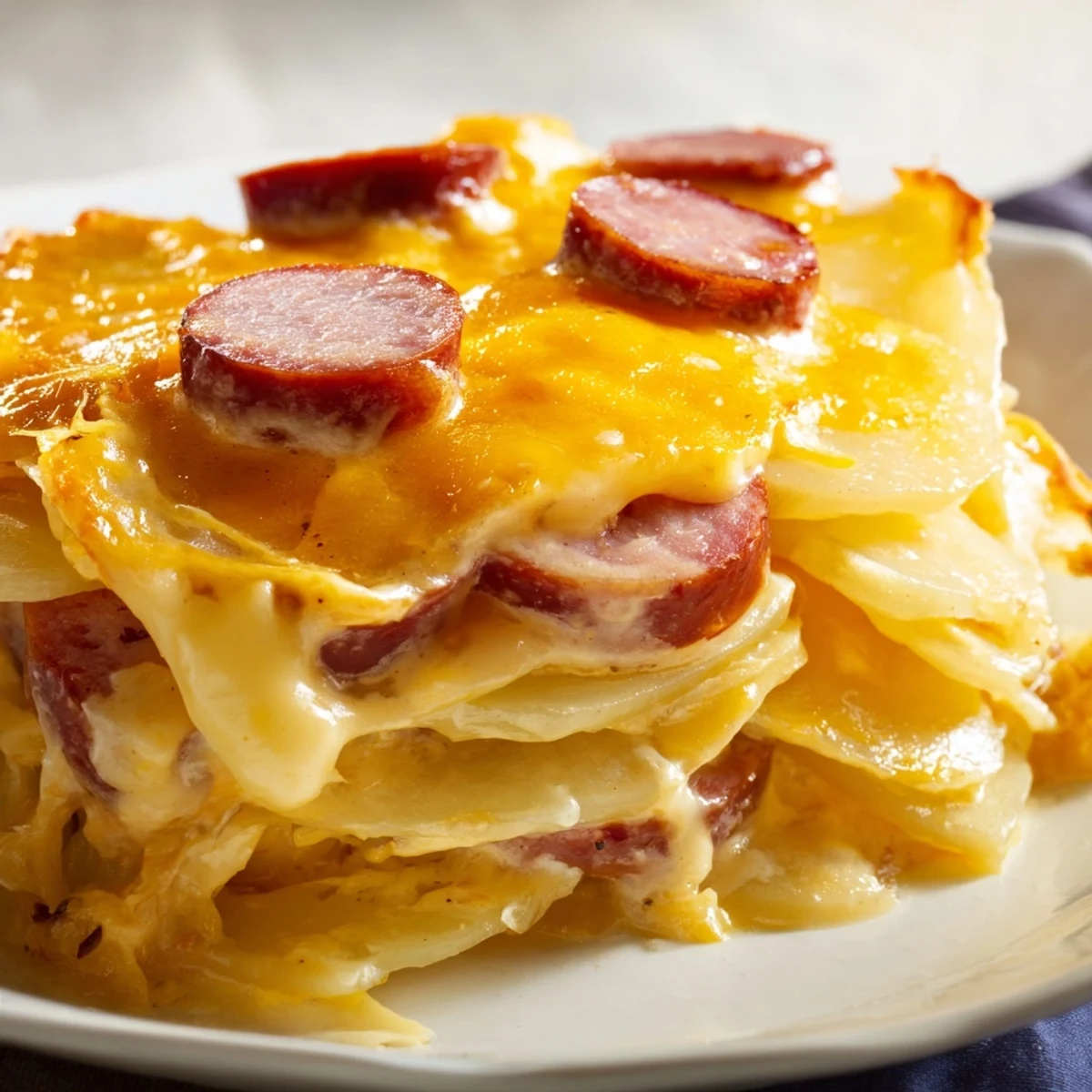 Creamy scalloped potatoes kielbasa in slow cooker topped with melted cheese and fresh thyme