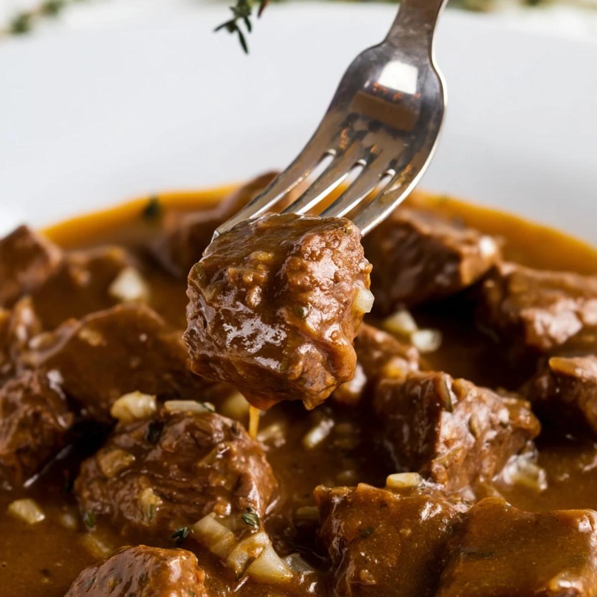 Golden brown slow cooker beef tips and gravy served over creamy mashed potatoes with fresh parsley garnish