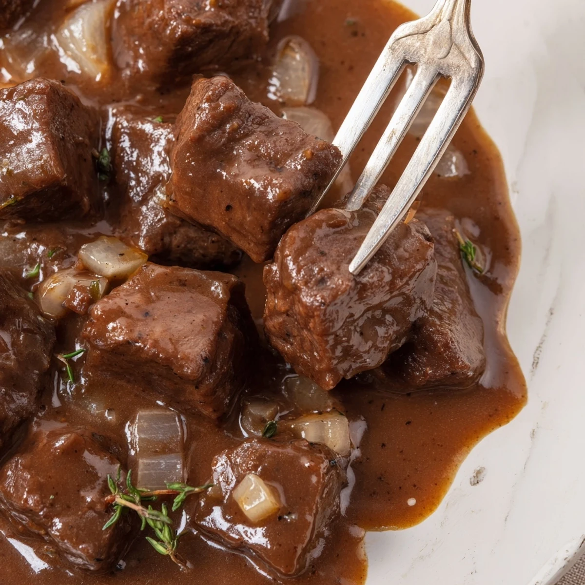 Tender beef cubes swimming in rich savory gravy after hours of slow cooking comfort meal preparation