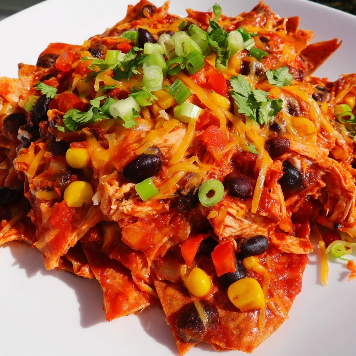 Hearty Tex-Mex style Crockpot Chicken Enchilada Casserole with tender shredded chicken beans corn and red bell peppers