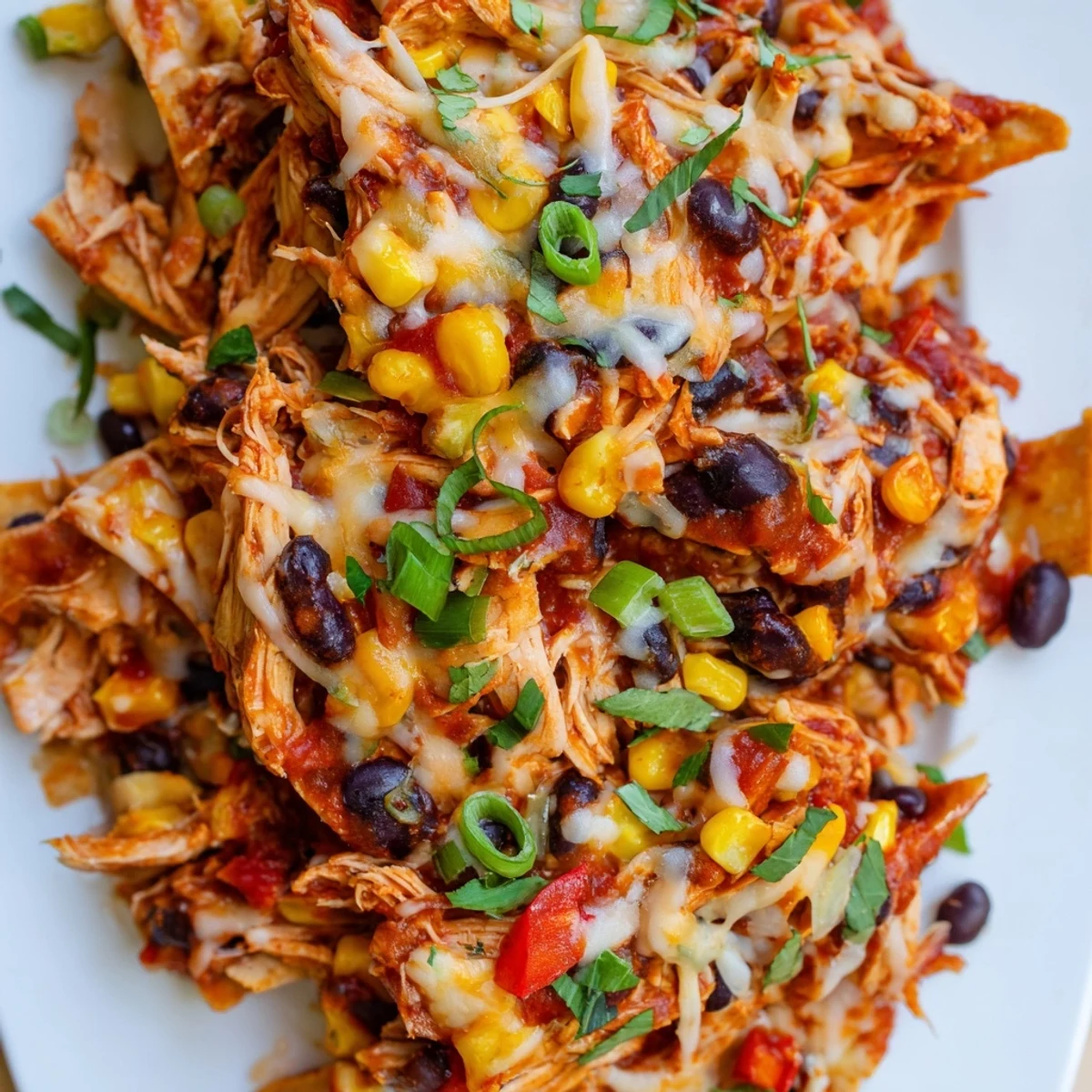 Golden layers of slow-cooked Crockpot Chicken Enchilada Casserole topped with melted Mexican cheese and fresh cilantro