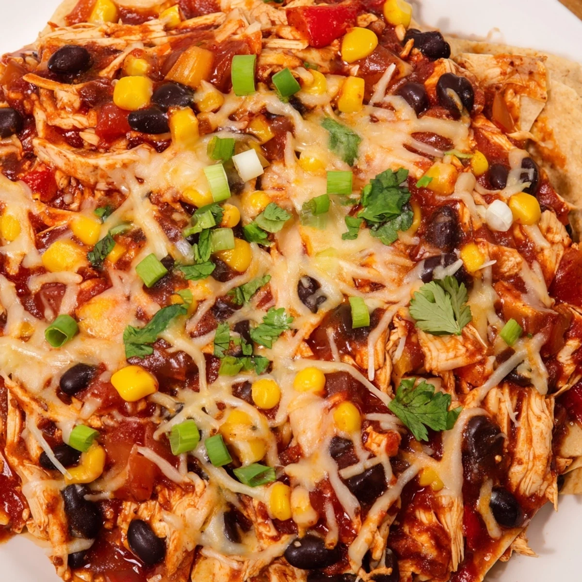 Scoop of cheesy Crockpot Chicken Enchilada Casserole served in a bowl with sour cream green onions and corn tortilla pieces