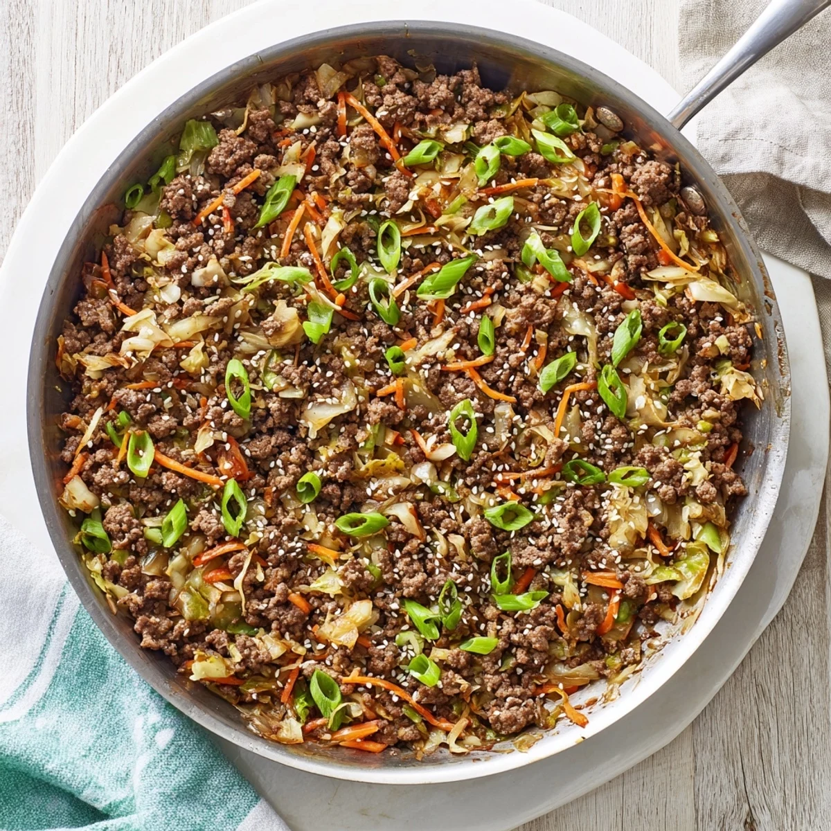 Golden brown ground pork with crisp cabbage and carrots in a savory keto egg roll in a bowl