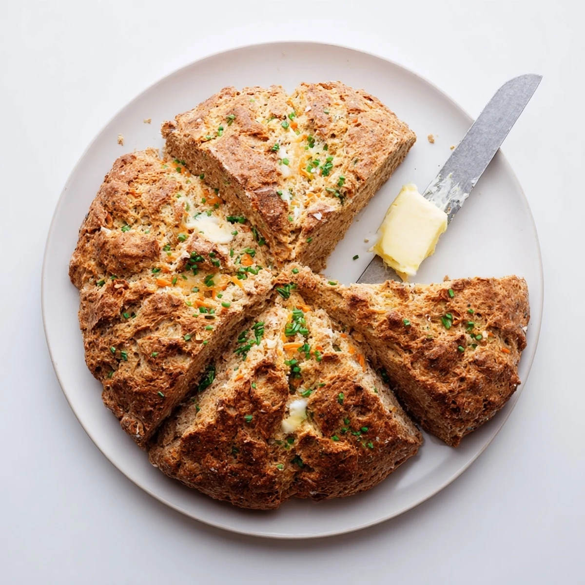 Golden brown cheddar and herb soda bread loaf with a deep cross pattern on top