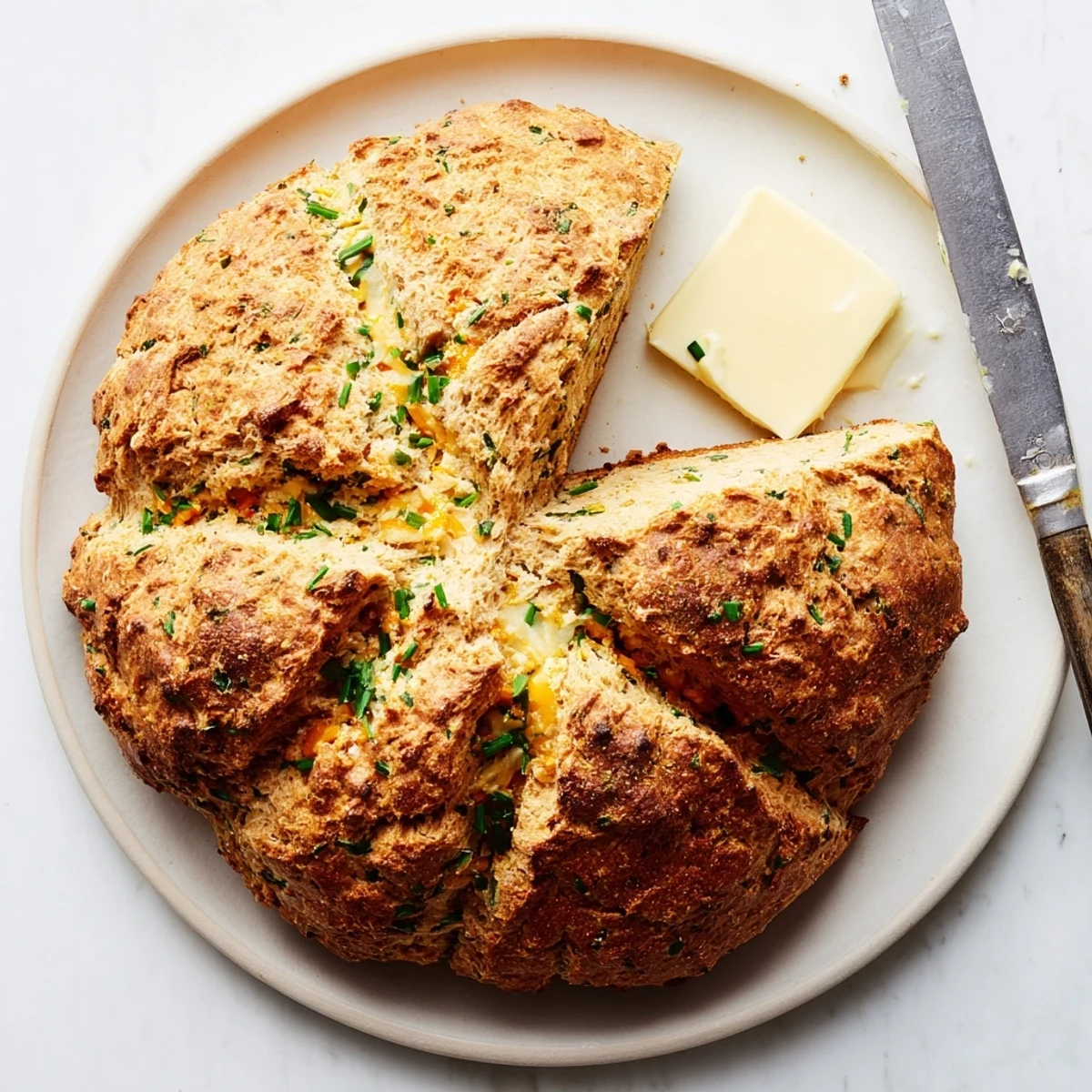 Warm cheddar and herb soda bread served on a wooden board, perfect with butter