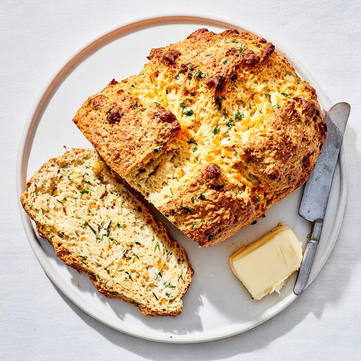 Rustic homemade soda bread baked with sharp cheddar and fresh herbs, ready to slice