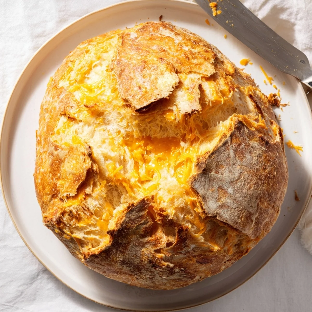 Golden no knead cheddar bread loaf with crisp crust and tender cheesy interior on wooden board