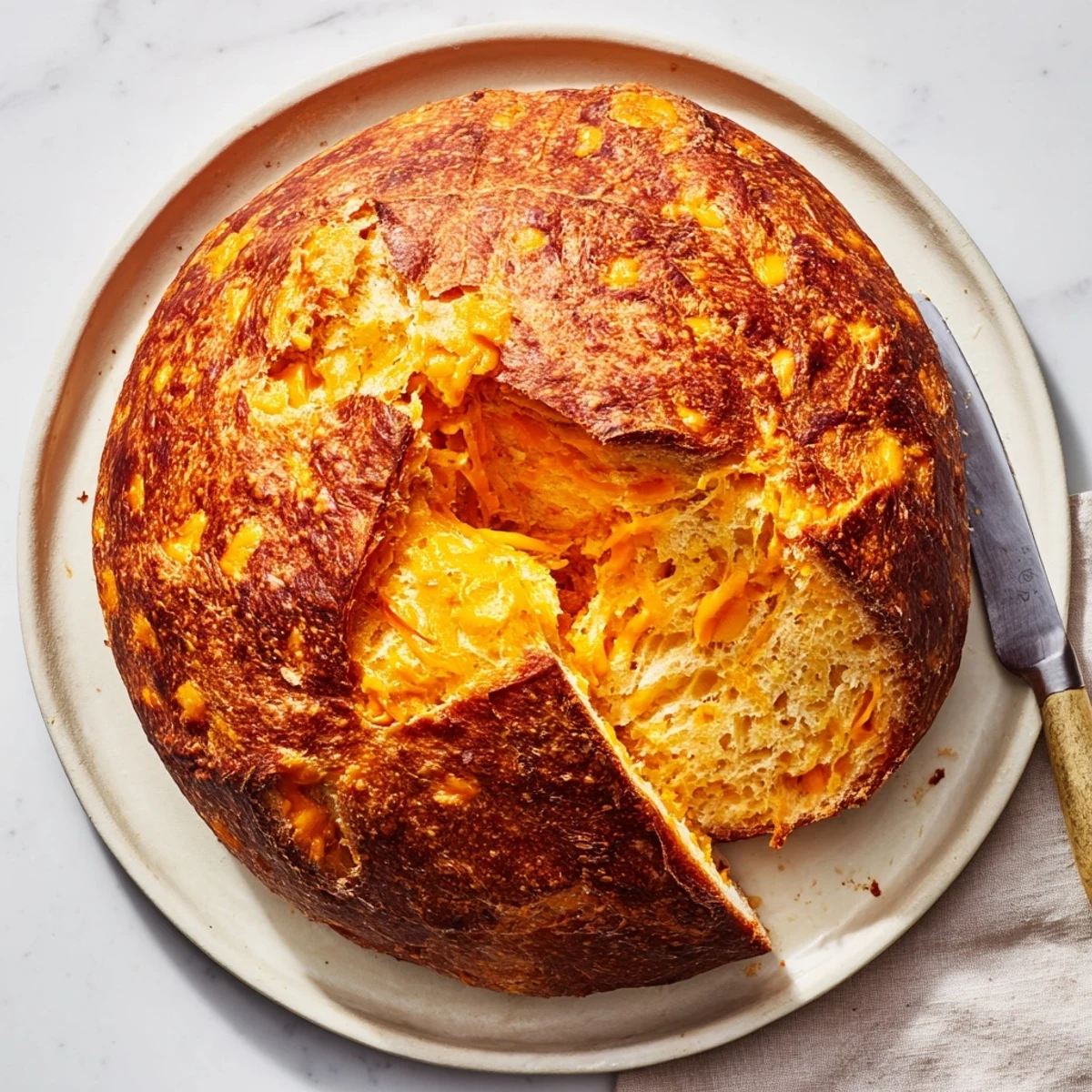 Freshly sliced no knead cheddar bread showing soft crumb and sharp cheddar strands throughout