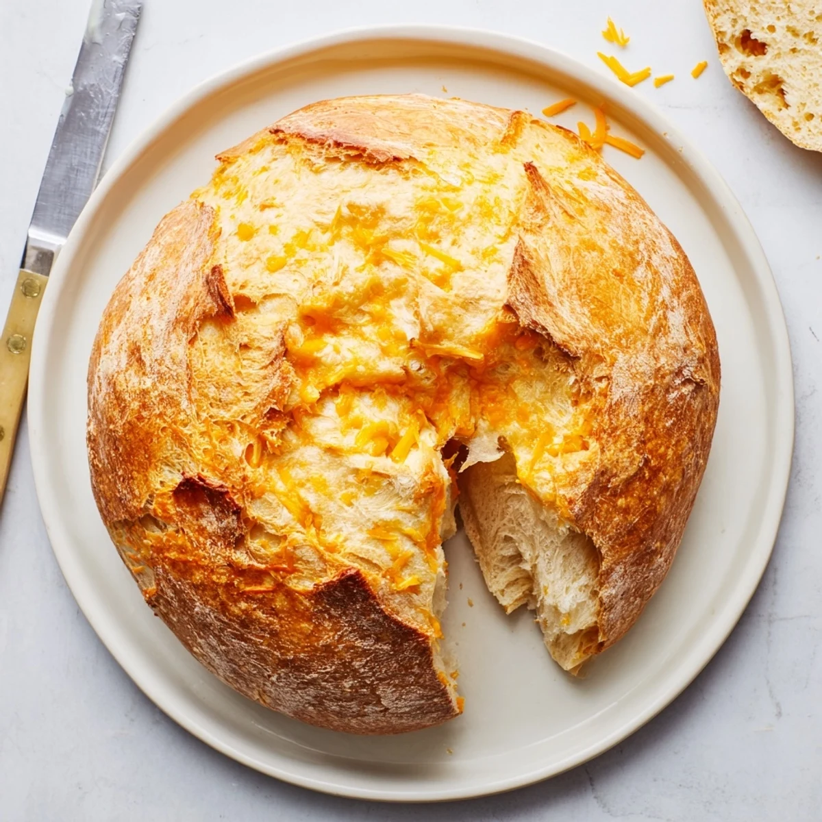 Rustic no knead cheddar bread baked to deep golden brown with visible melted cheese bits