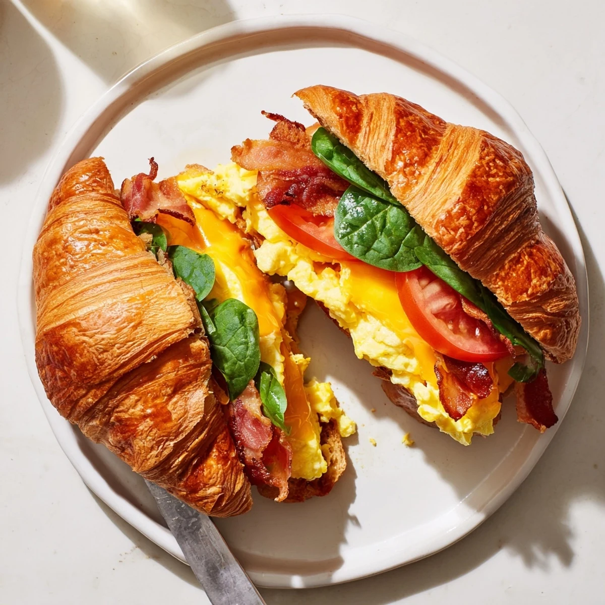 Golden croissant breakfast sandwiches stacked with fluffy scrambled eggs, crispy bacon, and melted cheddar cheese