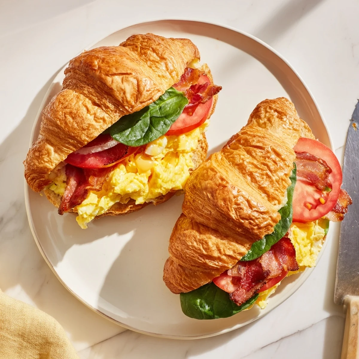 Delicious croissant breakfast sandwiches served hot with tomato slices, crispy bacon, and gooey melted cheese inside