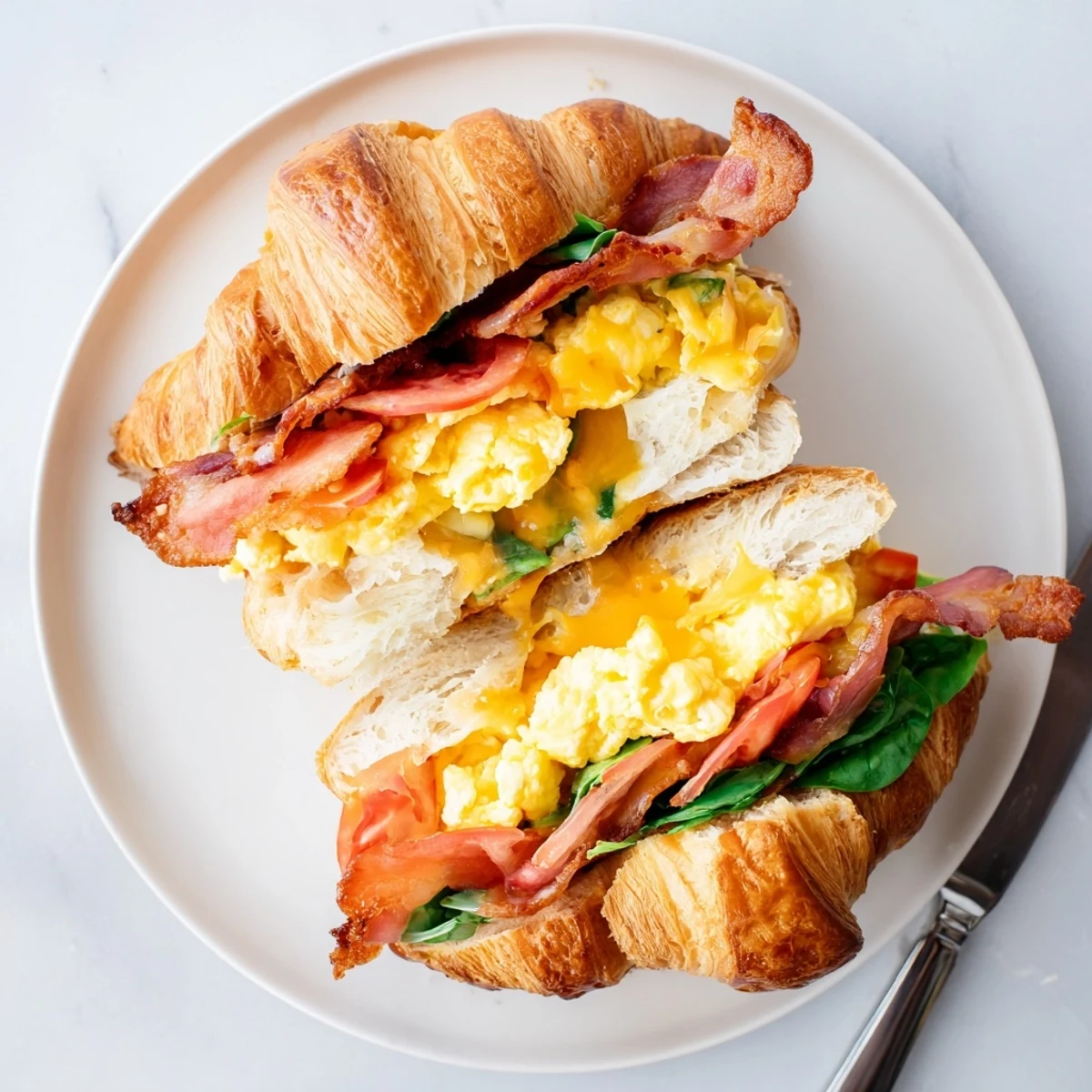 Savory croissant breakfast sandwiches featuring buttery pastry layers filled with seasoned eggs, bacon, and fresh spinach