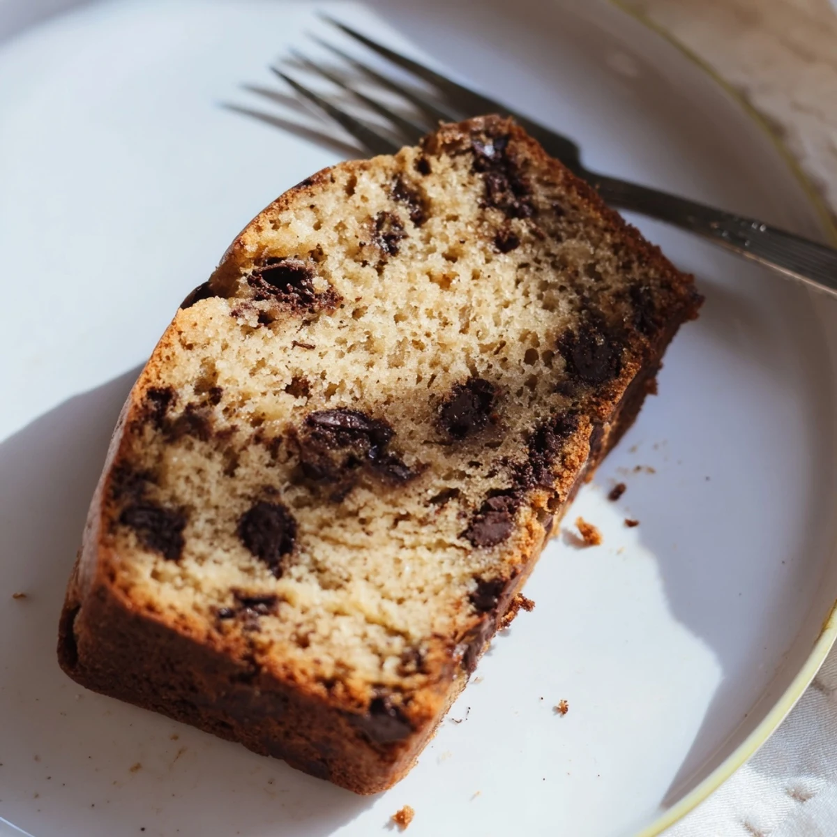 Moist chocolate chip banana bread loaf with melted chocolate chips on a golden brown crust