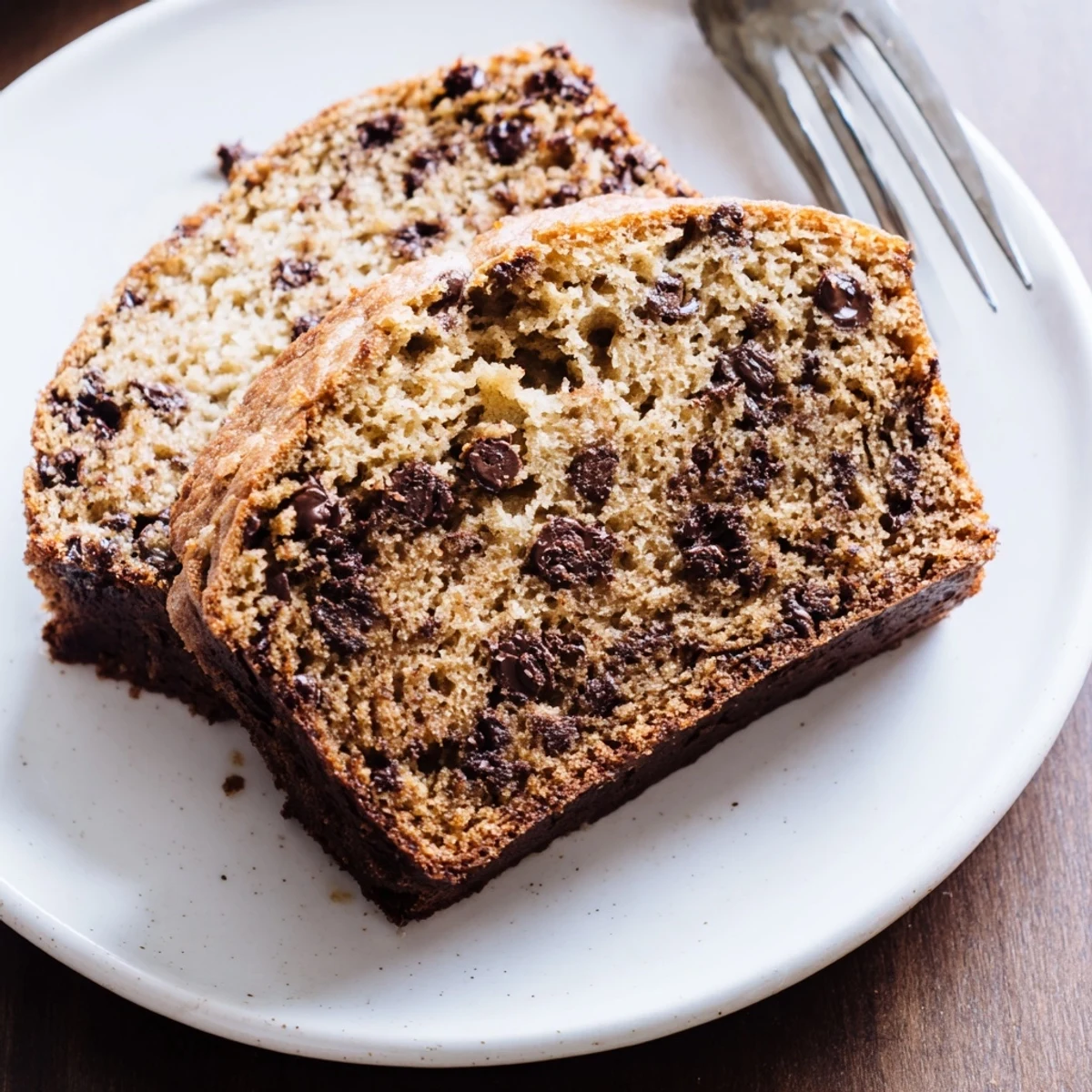 Thick slice of chocolate chip banana bread served on a white plate, studded with semi-sweet chocolate chunks