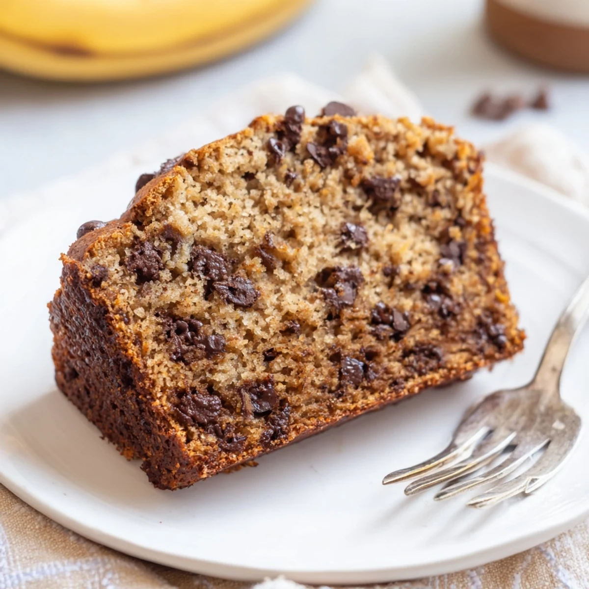 Warm homemade chocolate chip banana bread freshly baked, showing tender crumb and gooey chocolate throughout