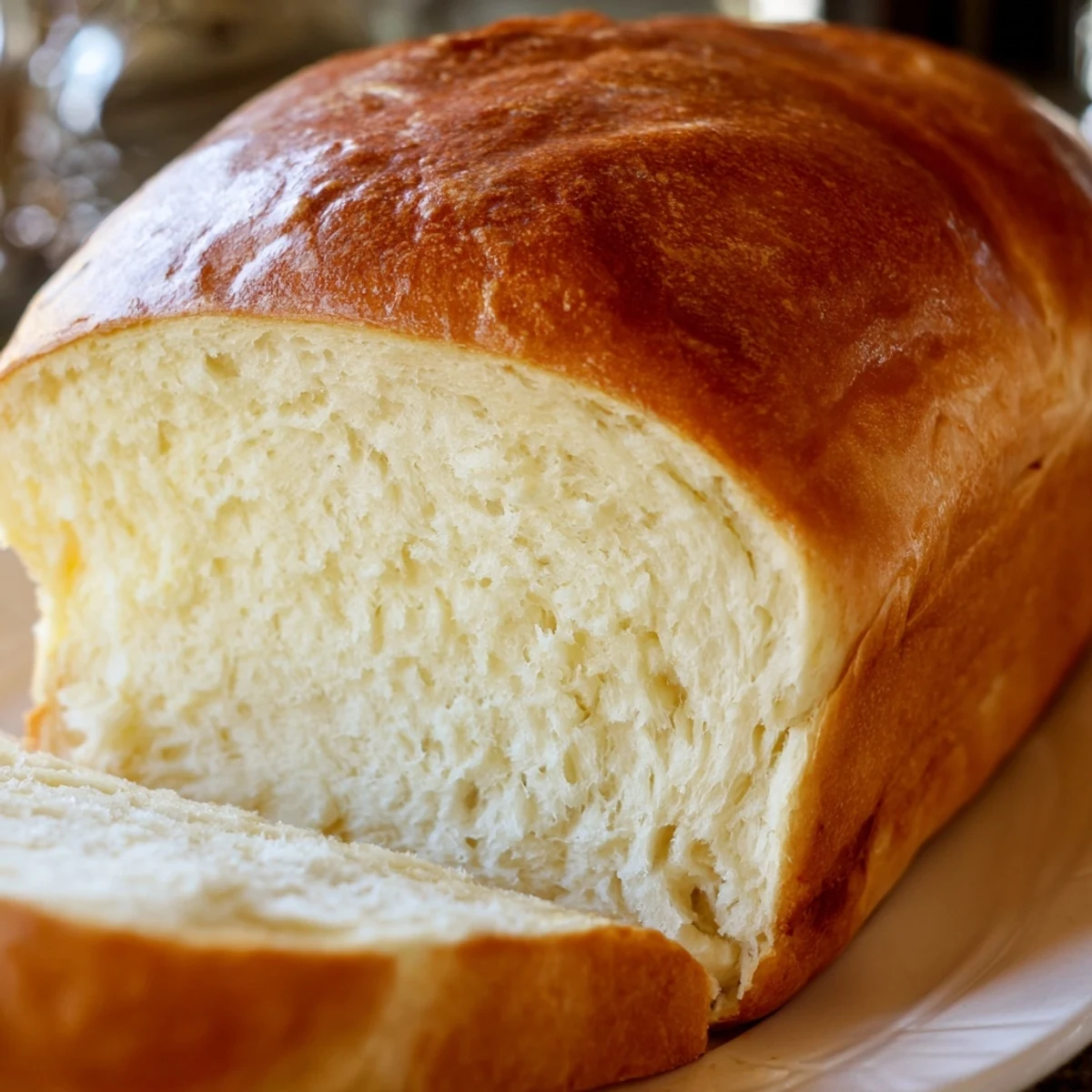 Golden homemade Amish white bread loaf with soft, fluffy interior fresh from the oven