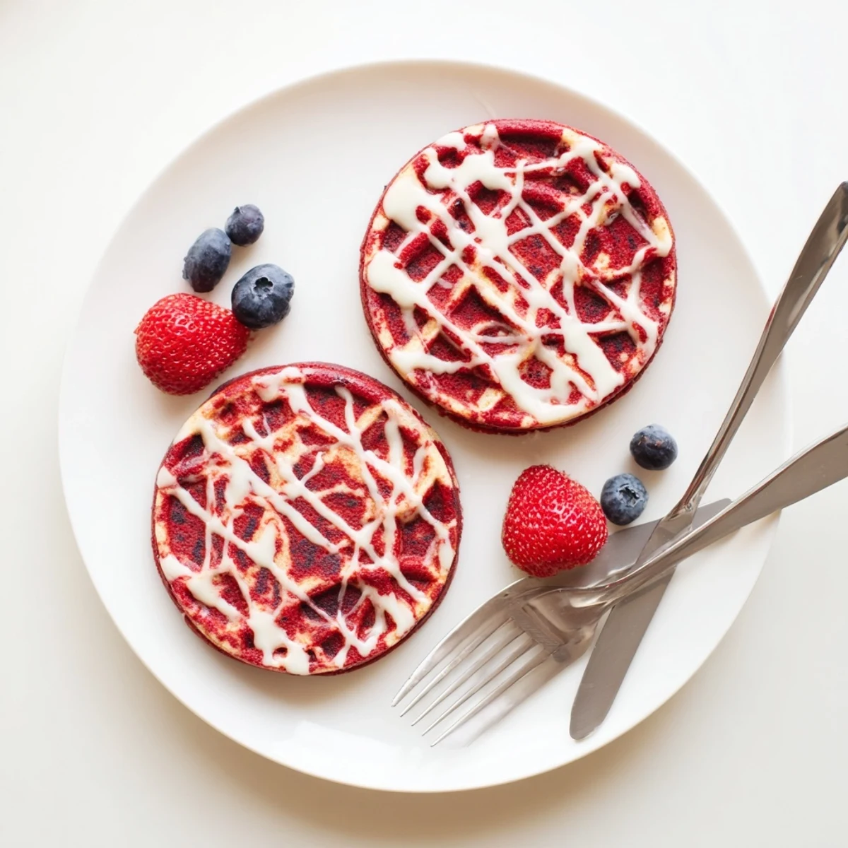 Golden red velvet marble waffles stacked high with creamy cream cheese glaze drizzle
