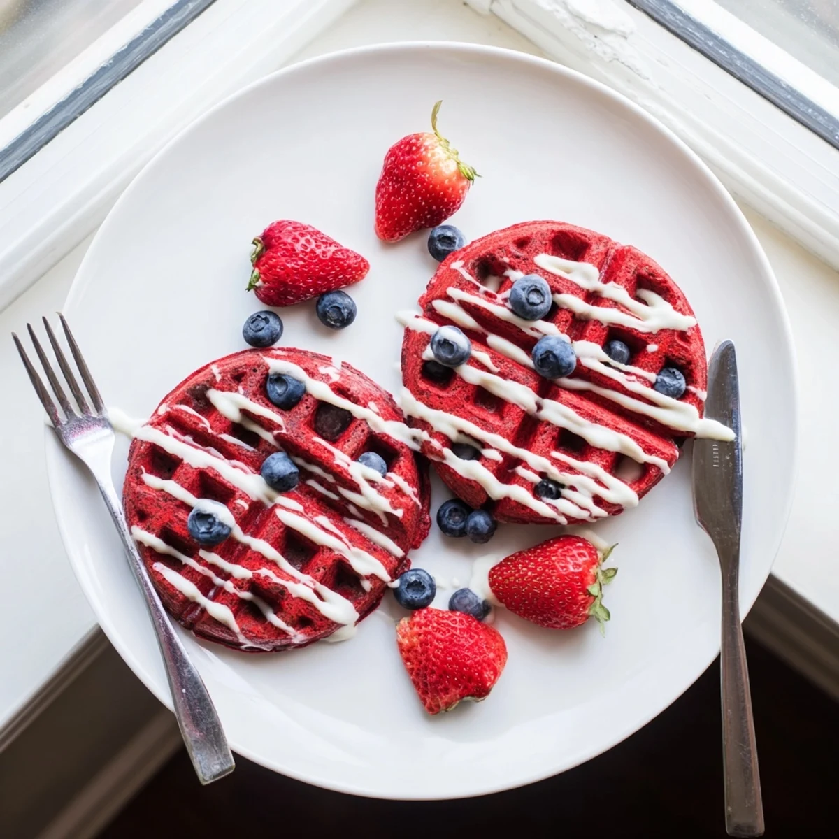 Decadent red velvet marble waffles topped with fresh berries and whipped cream