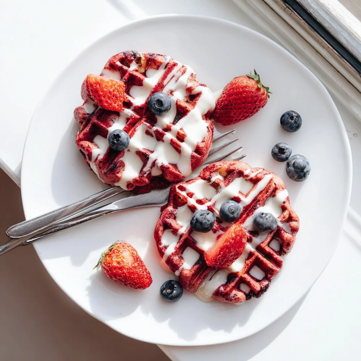 Crispy red velvet marble waffles featuring beautiful red and vanilla swirl patterns