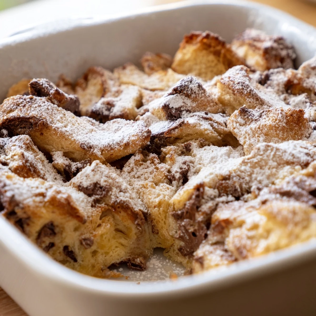 Golden chocolate croissant breakfast bake with melted chocolate chips and toasted pastry layers