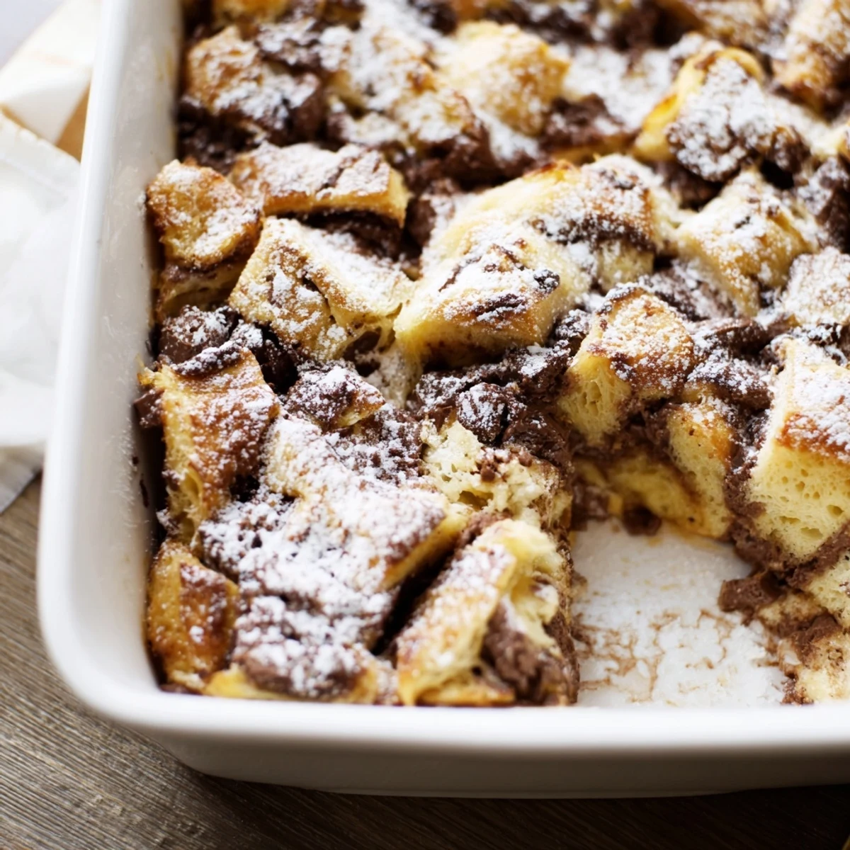 Rich chocolate croissant breakfast bake served warm with powdered sugar dusting and fresh berries