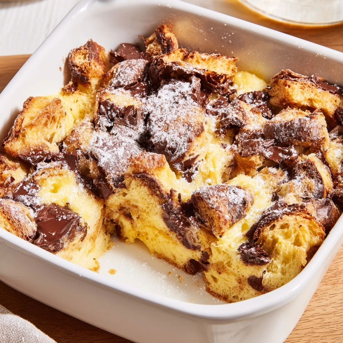Buttery croissant breakfast bake pudding topped with semi-sweet chocolate and golden brown custard