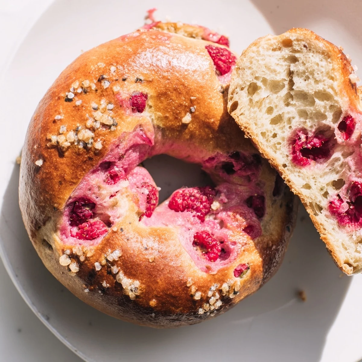 Golden brown raspberry sourdough bagels sprinkled with demerara sugar on a wooden board
