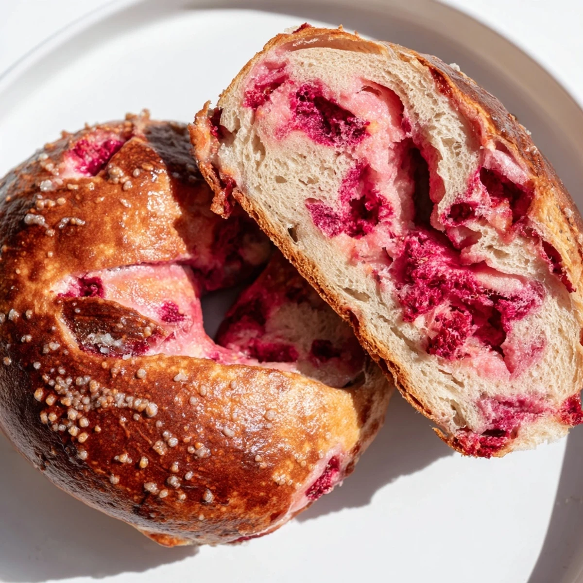 Fresh raspberry sourdough bagels with pink fruit speckles ready for breakfast spreading