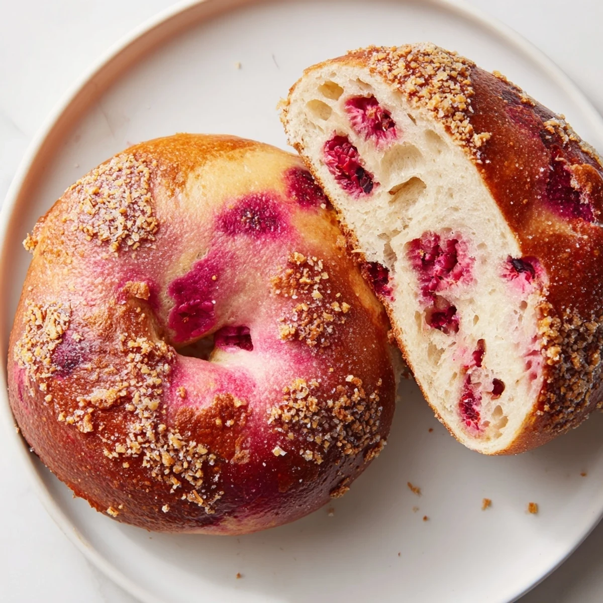 Chewy homemade raspberry sourdough bagels stacked on a wire cooling rack