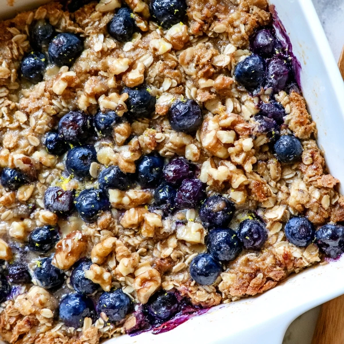 Golden lemon blueberry baked oatmeal topped with fresh berries and a dusting of sugar