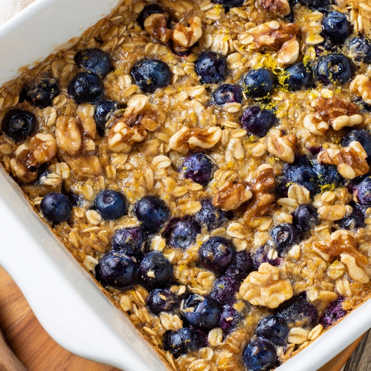 Warm lemon blueberry baked oatmeal squares served with extra blueberries and creamy Greek yogurt