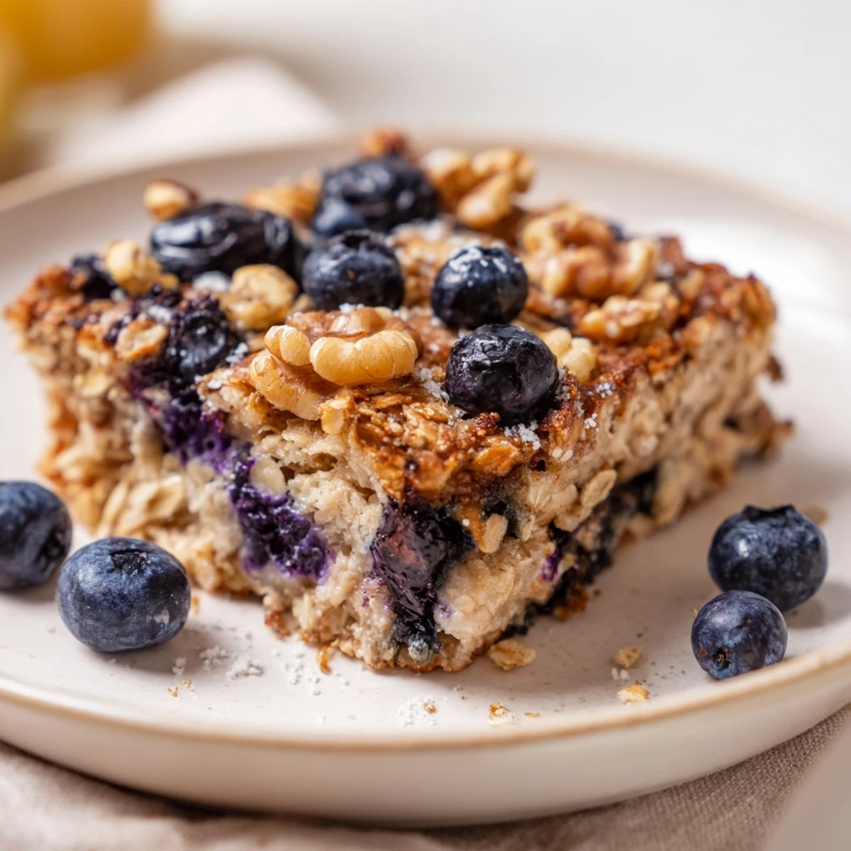 Warm baked oat breakfast casserole studded with fresh blueberries and creamy cottage cheese