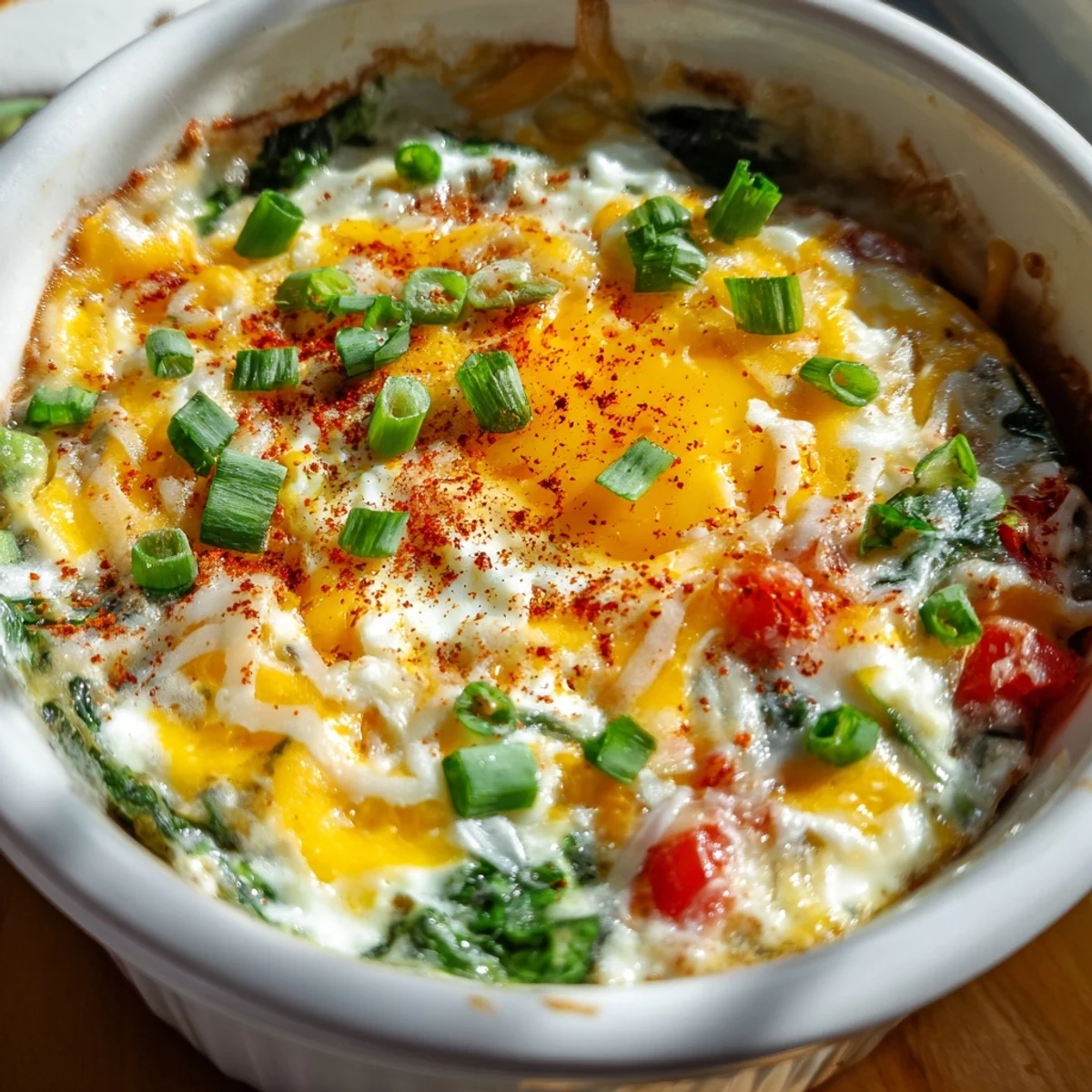 Creamy cottage cheese breakfast casserole with perfectly set eggs and vibrant green scallions sprinkled on top