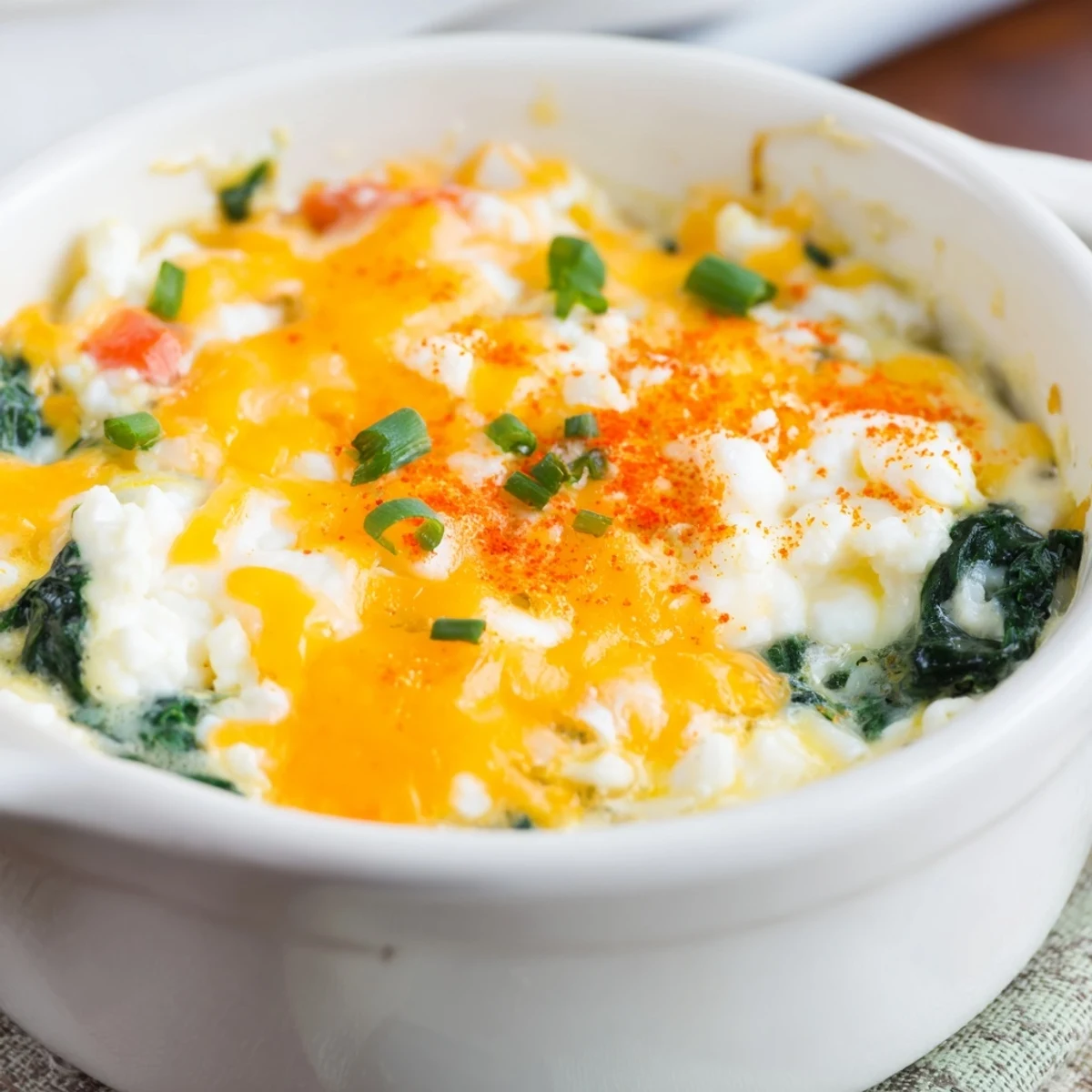 Golden baked cottage cheese eggs with melted cheese topping and fresh spinach in individual ramekins