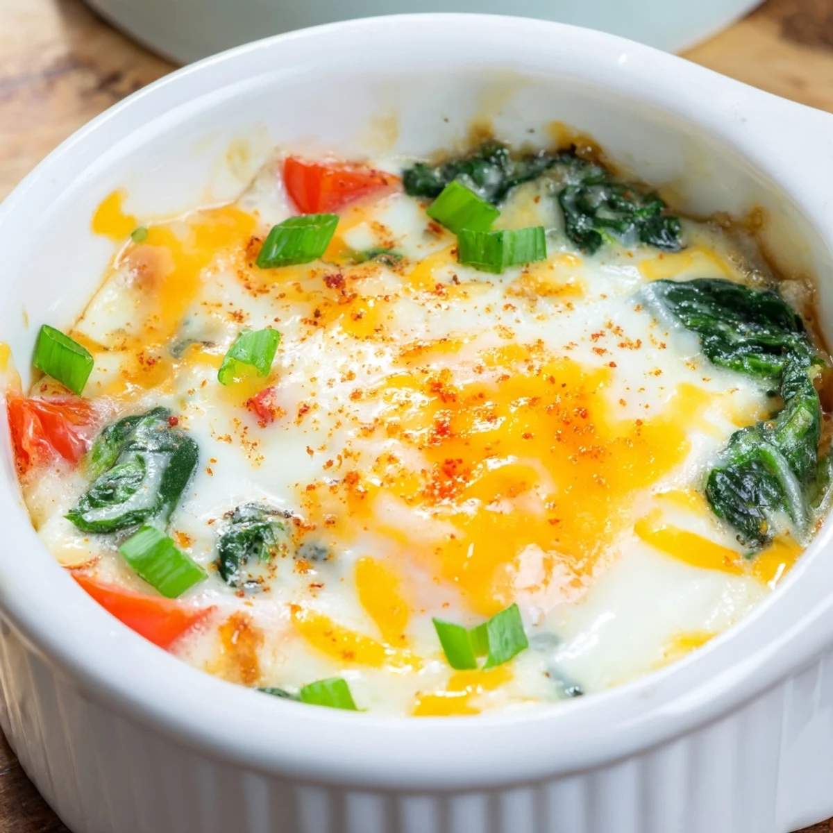 Protein-rich baked cottage cheese eggs featuring runny yolks nestled in a savory vegetable bed