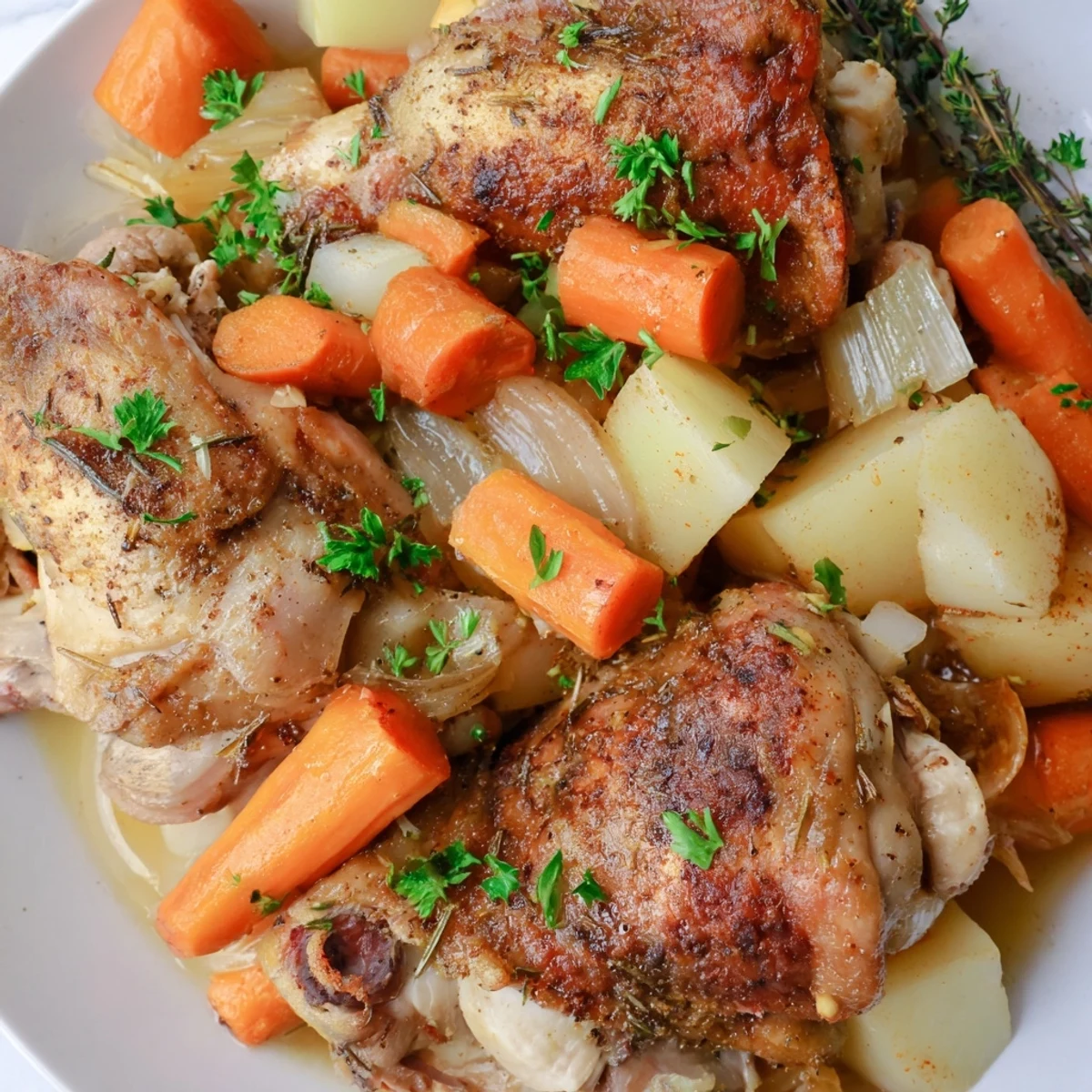 Tender slow cooker chicken dinner with carrots, potatoes, and herbs in savory broth
