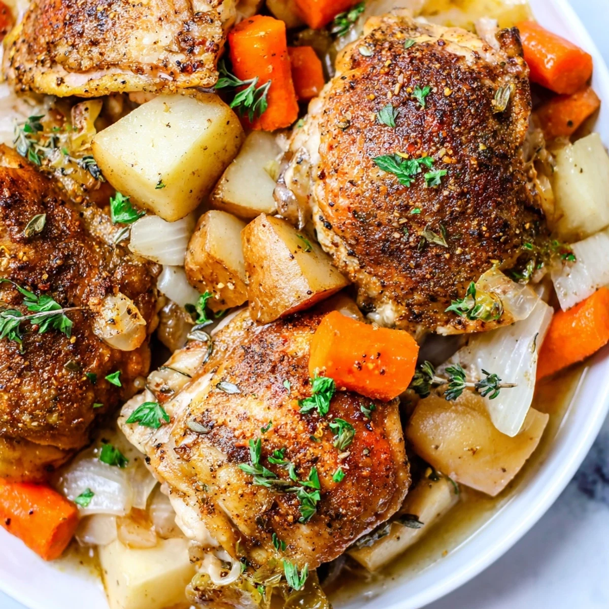 Slow cooker chicken dinner garnished with fresh parsley alongside tender root vegetables