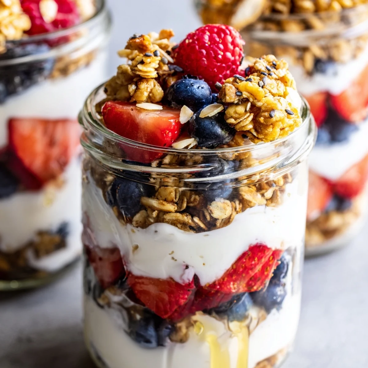 Creamy Greek yogurt parfait with layered fresh berries and crunchy granola in clear glass