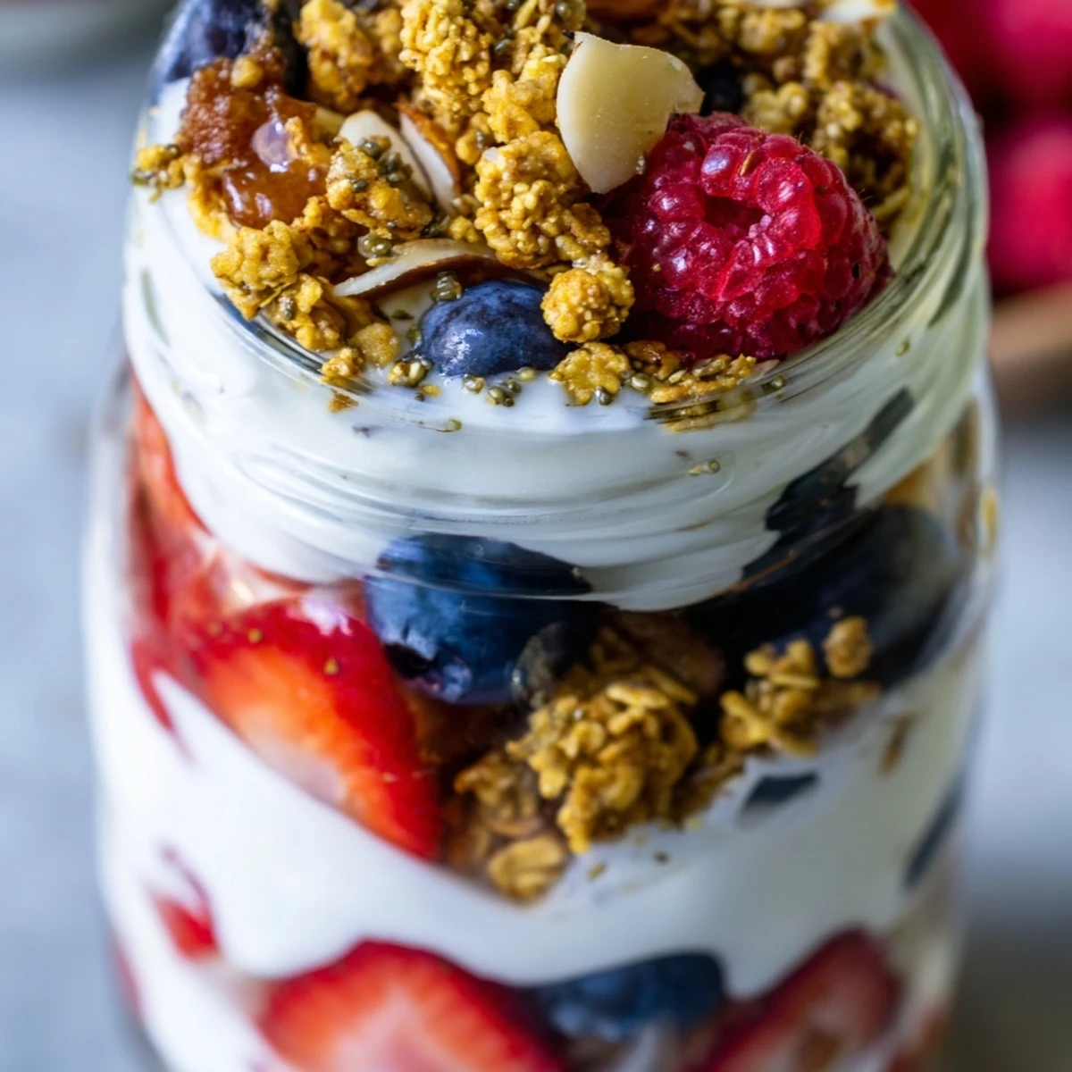Greek yogurt parfait topped with vibrant mixed berries and honey drizzle served chilled