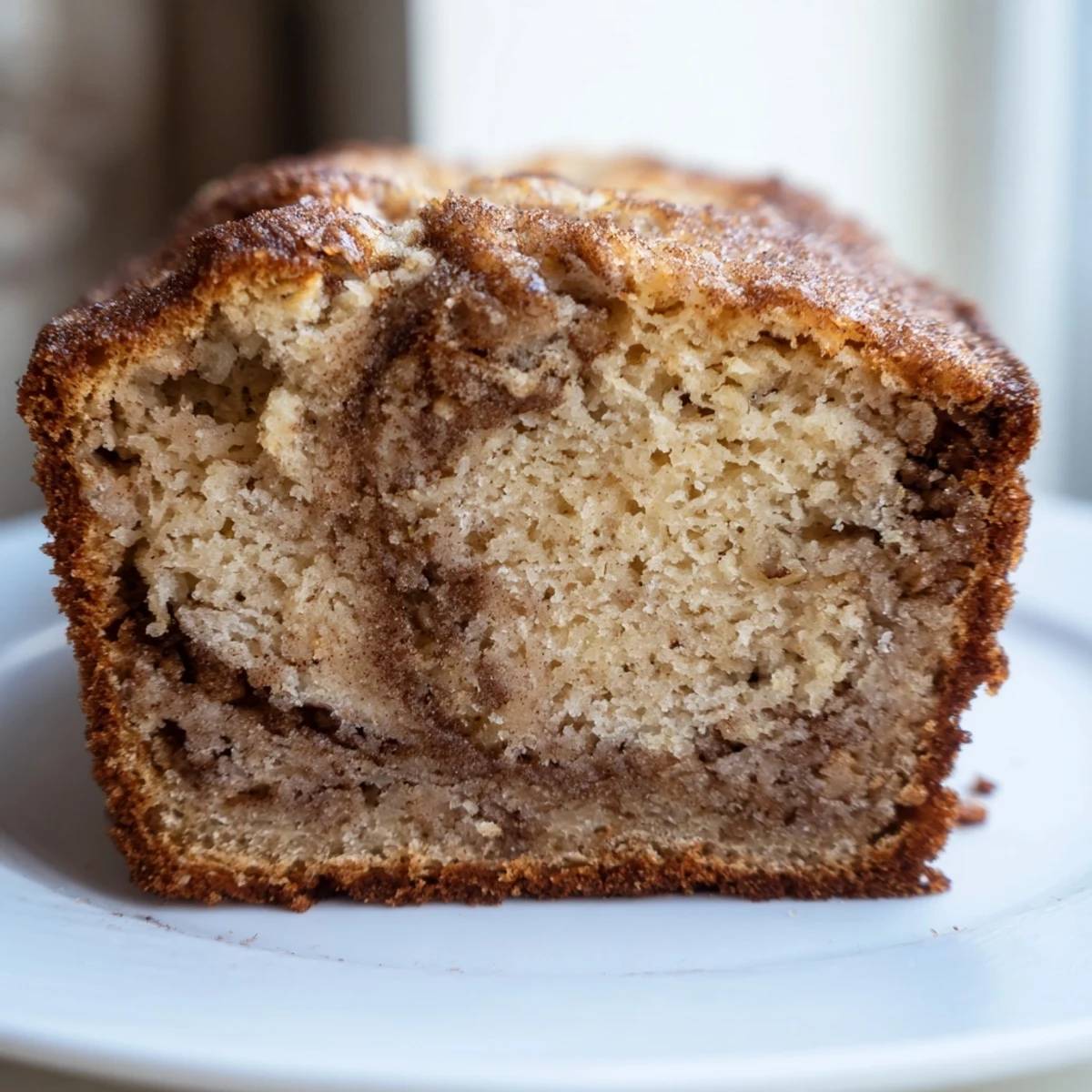 Warm slice of cinnamon sugar swirl banana bread on a rustic wooden cutting board