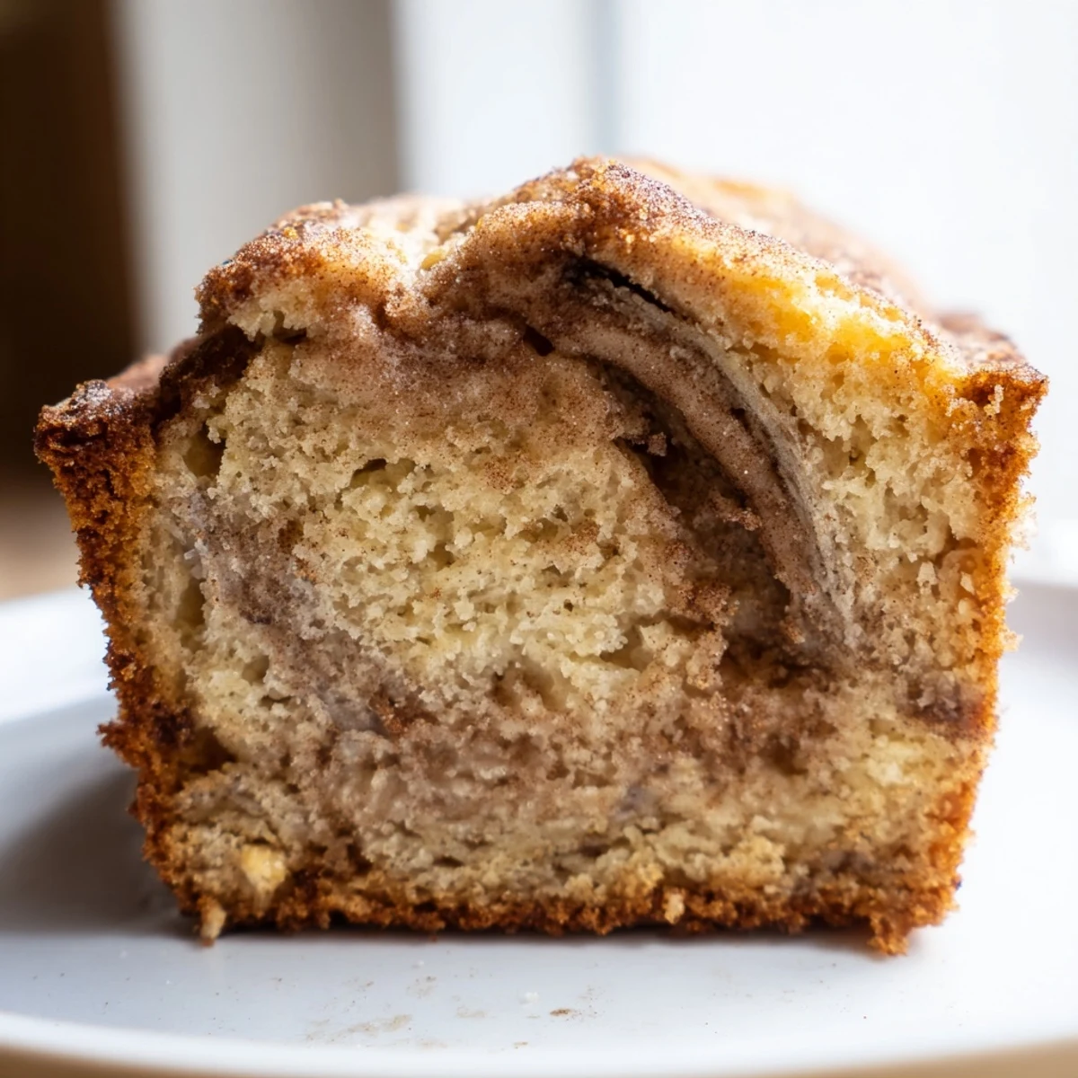 Moist cinnamon sugar swirl banana bread with golden cinnamon ribbons and caramelized crust