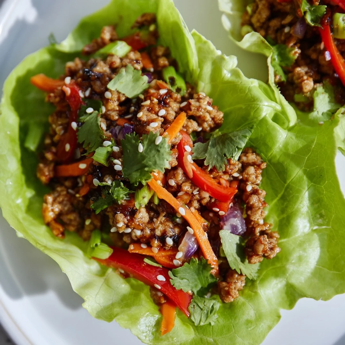 Healthy ground turkey lettuce wrap bowls topped with cilantro and toasted sesame seeds