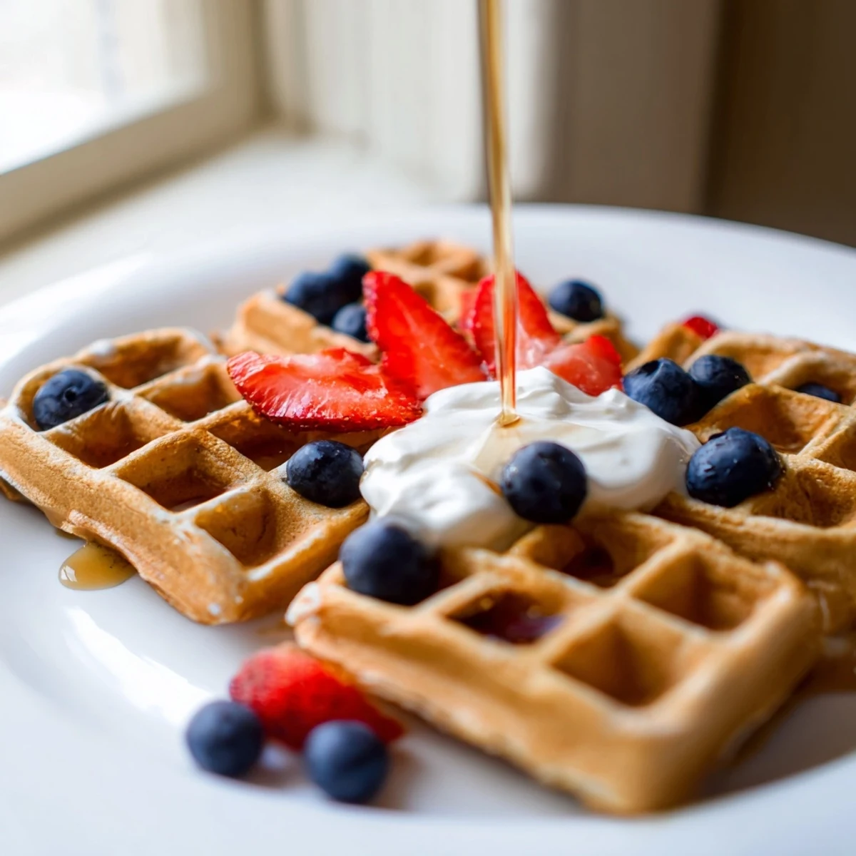 Golden crispy Greek Yogurt Waffles stacked on a white plate with maple syrup drizzle