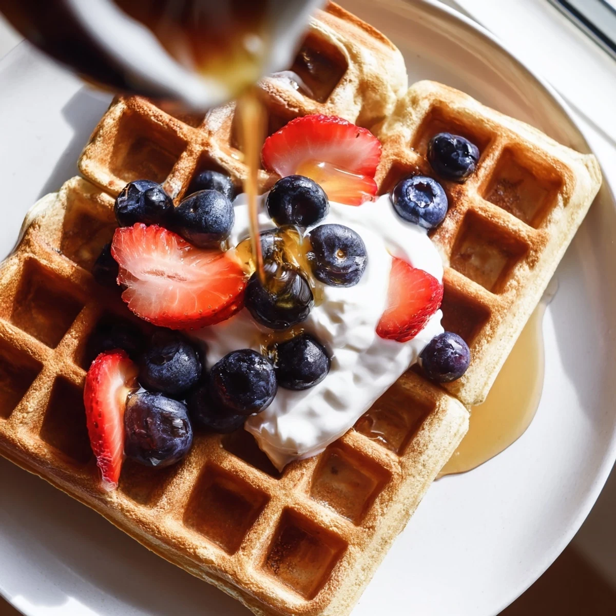 Light and fluffy Greek Yogurt Waffles topped with fresh berries and honey