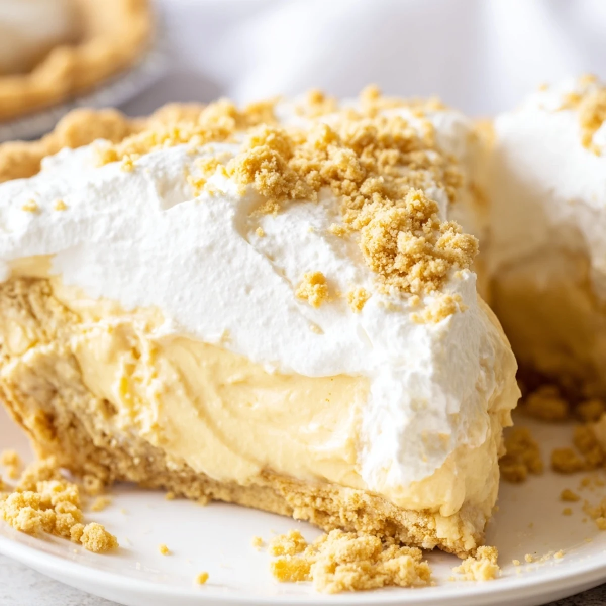 Creamy Amish Peanut Butter Dream Pie topped with fluffy whipped cream and golden crumbs