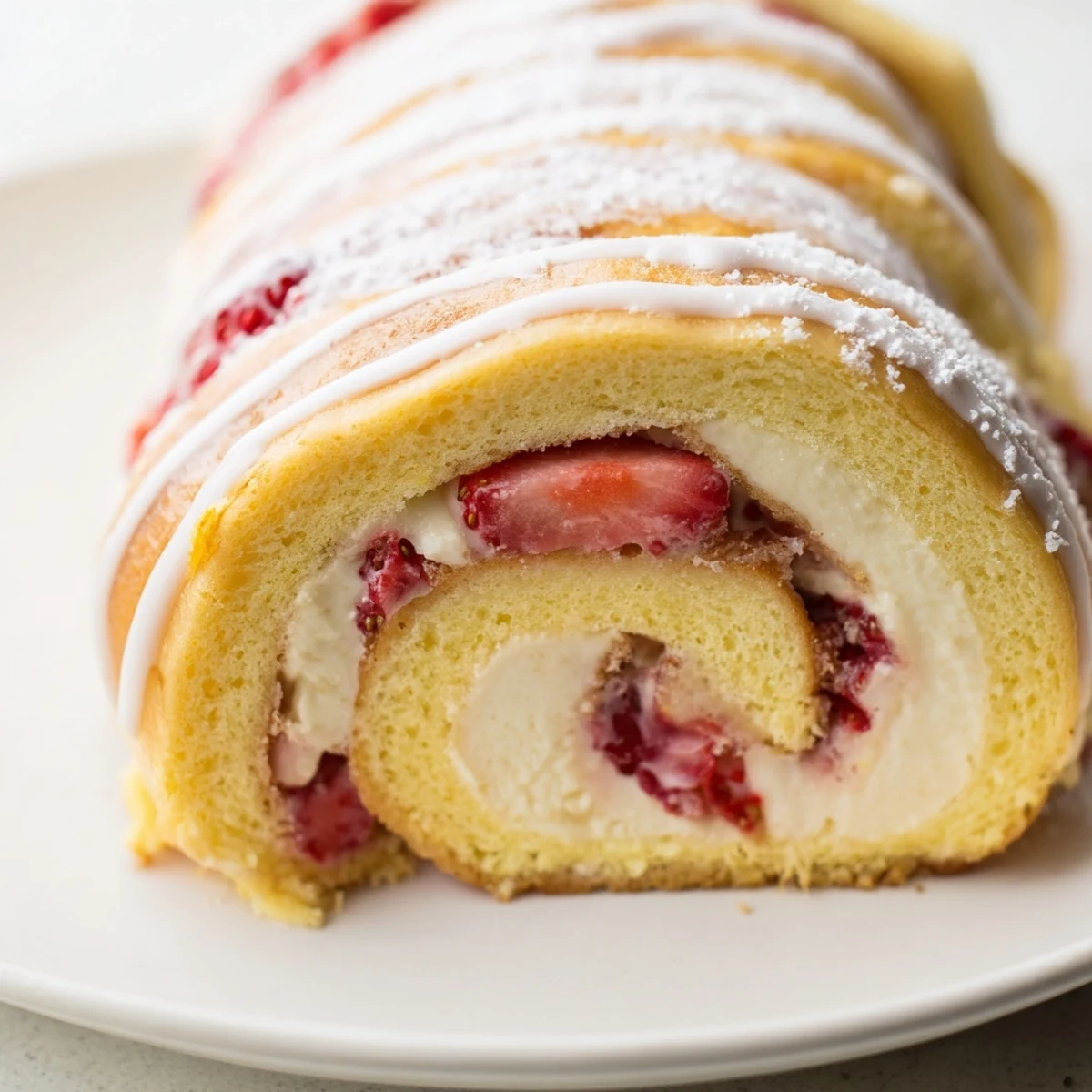 Golden Strawberry Shortcake Cheesecake Rolls drizzled with sweet vanilla glaze on a white plate