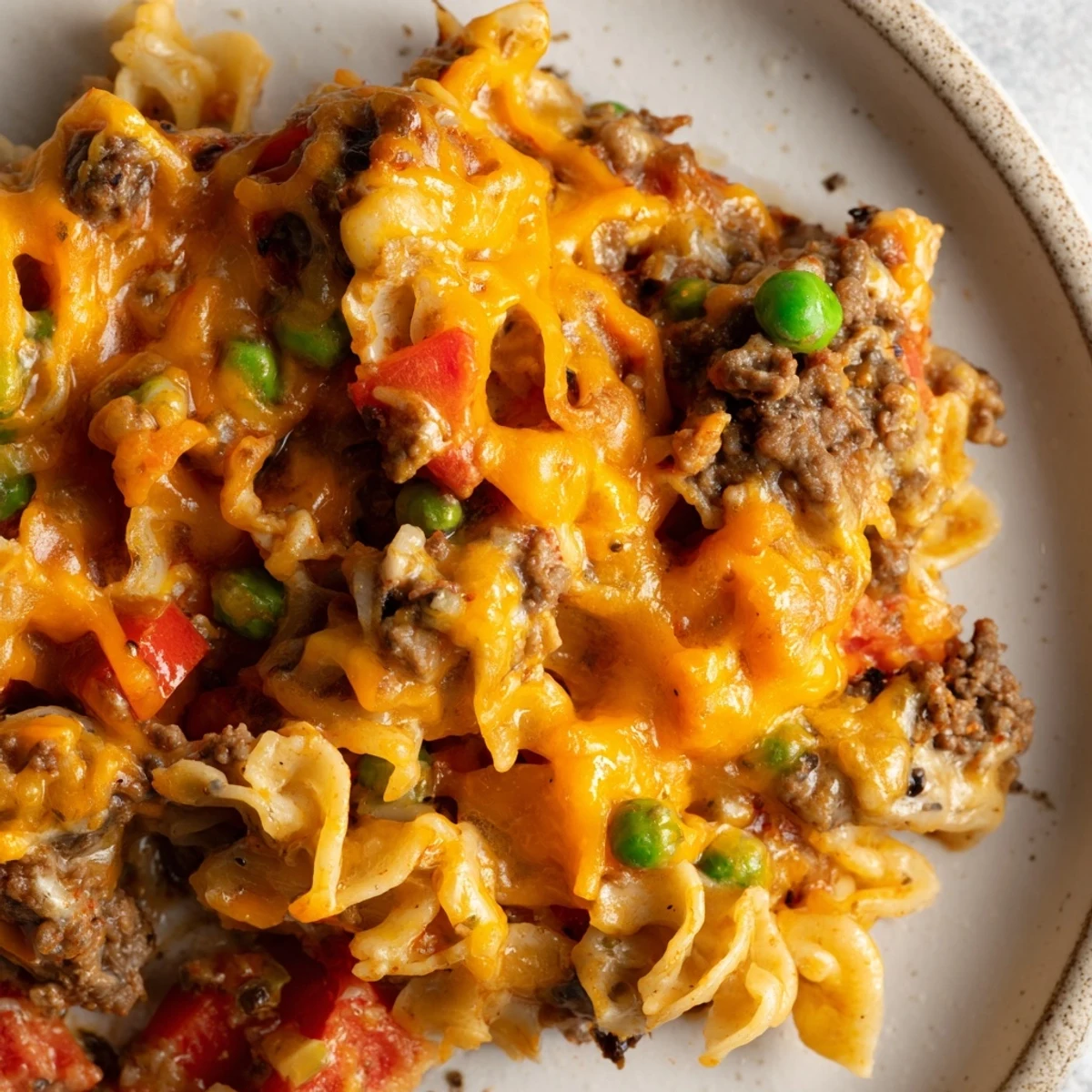 Golden cheesy beef and noodle casserole fresh from the oven with bubbling melted cheddar topping