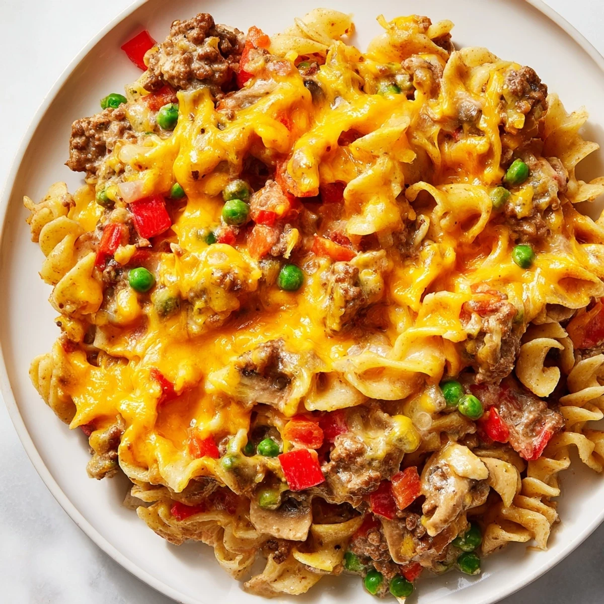Creamy cheesy beef and noodle casserole with tender egg noodles in a savory beef sauce